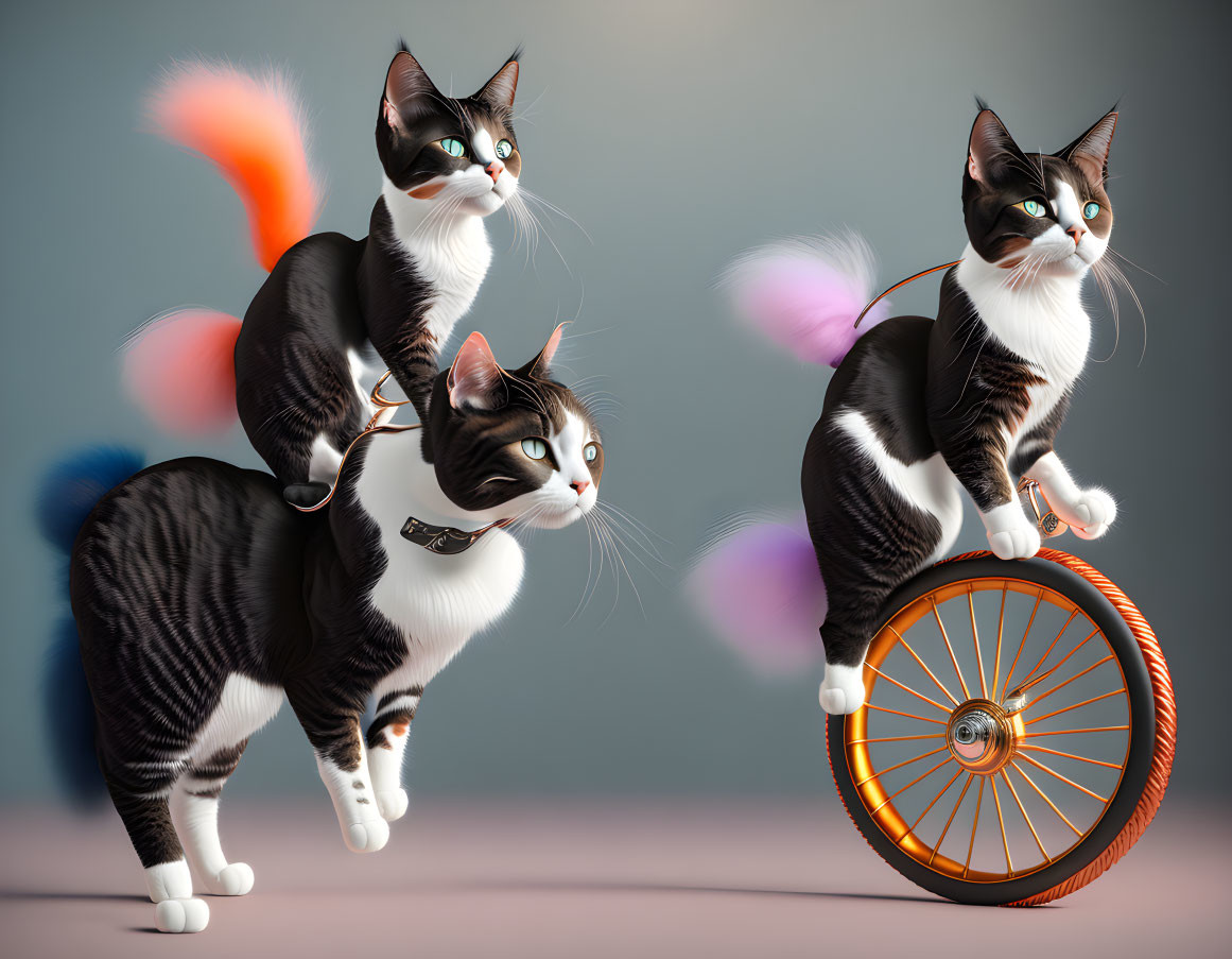 Three cartoon cats with butterfly wings in various poses against a grey background