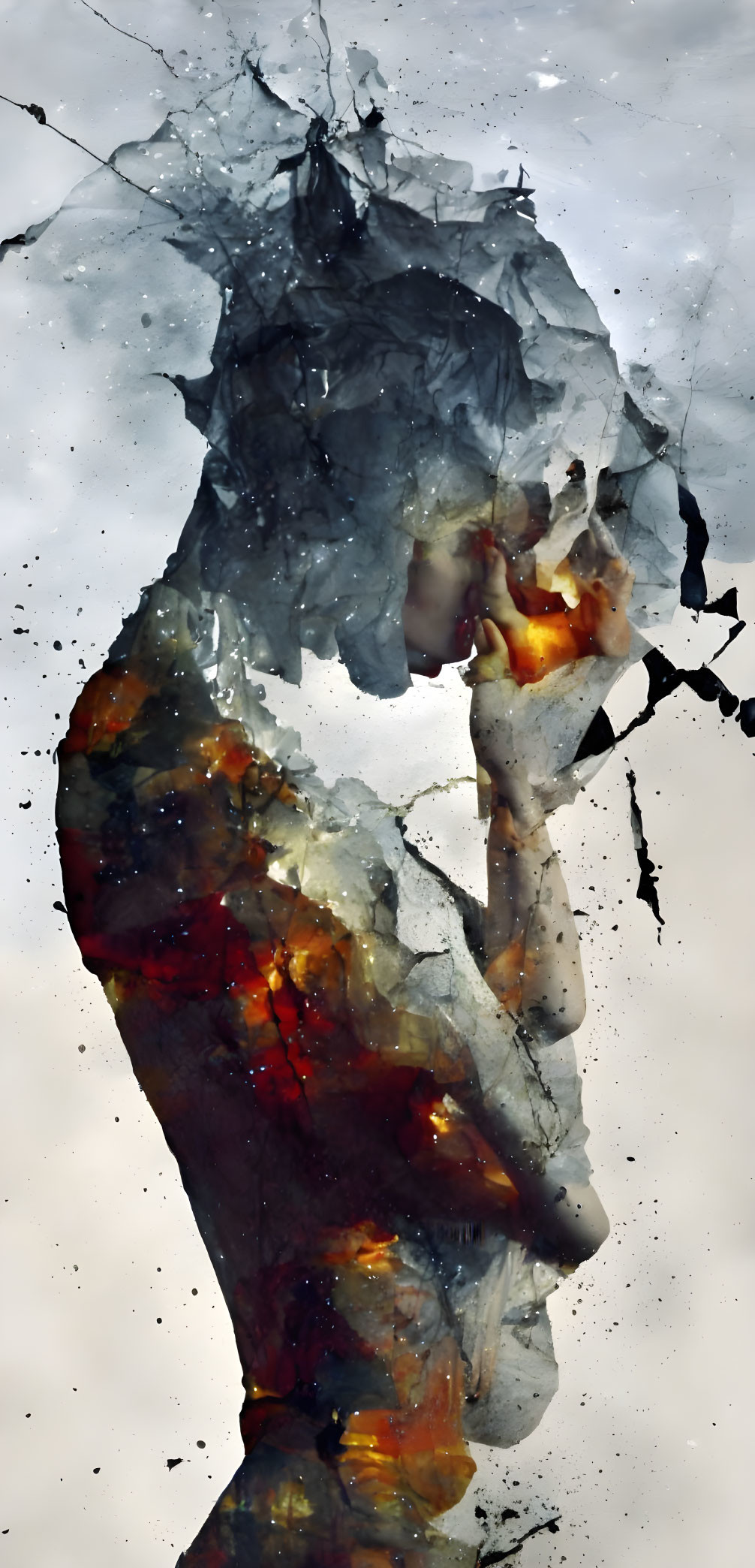 Fragmented figure with water-like texture against cloudy sky.