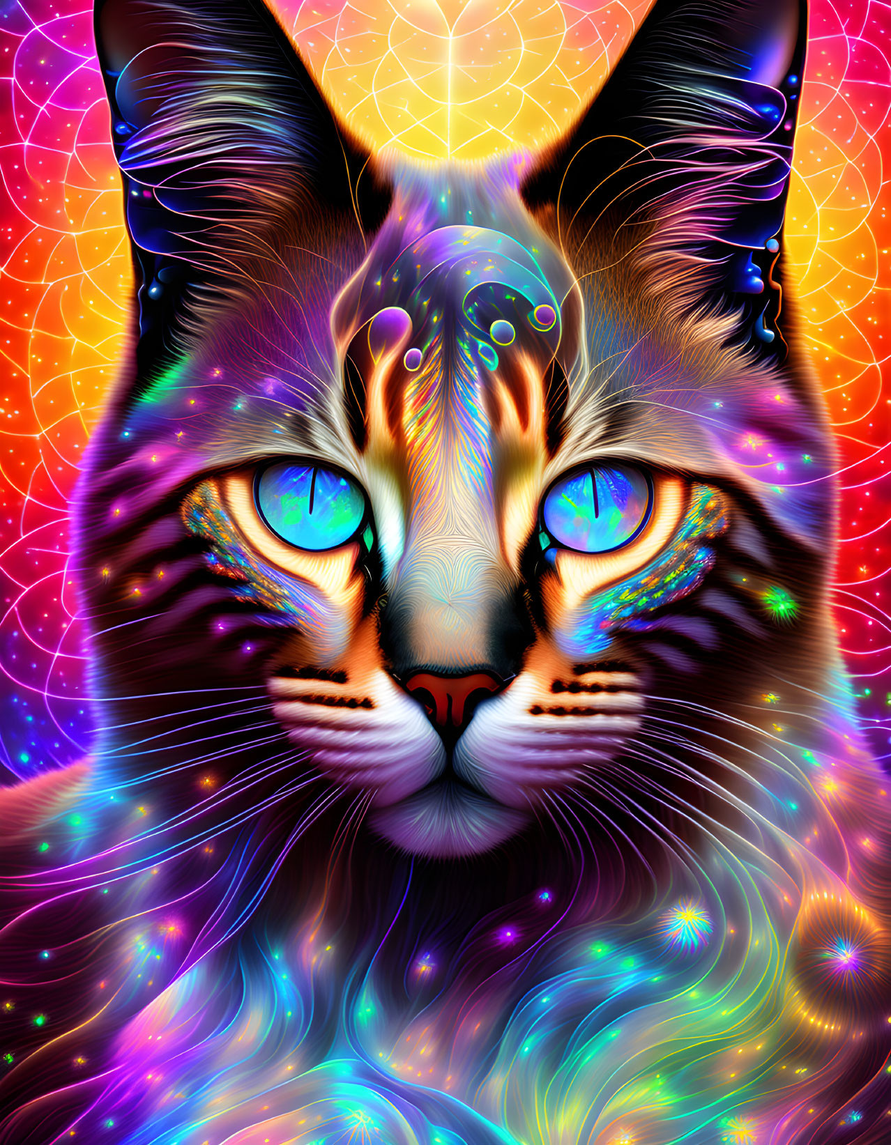 Colorful Psychedelic Cat Face Art with Swirly Patterns and Glowing Eyes