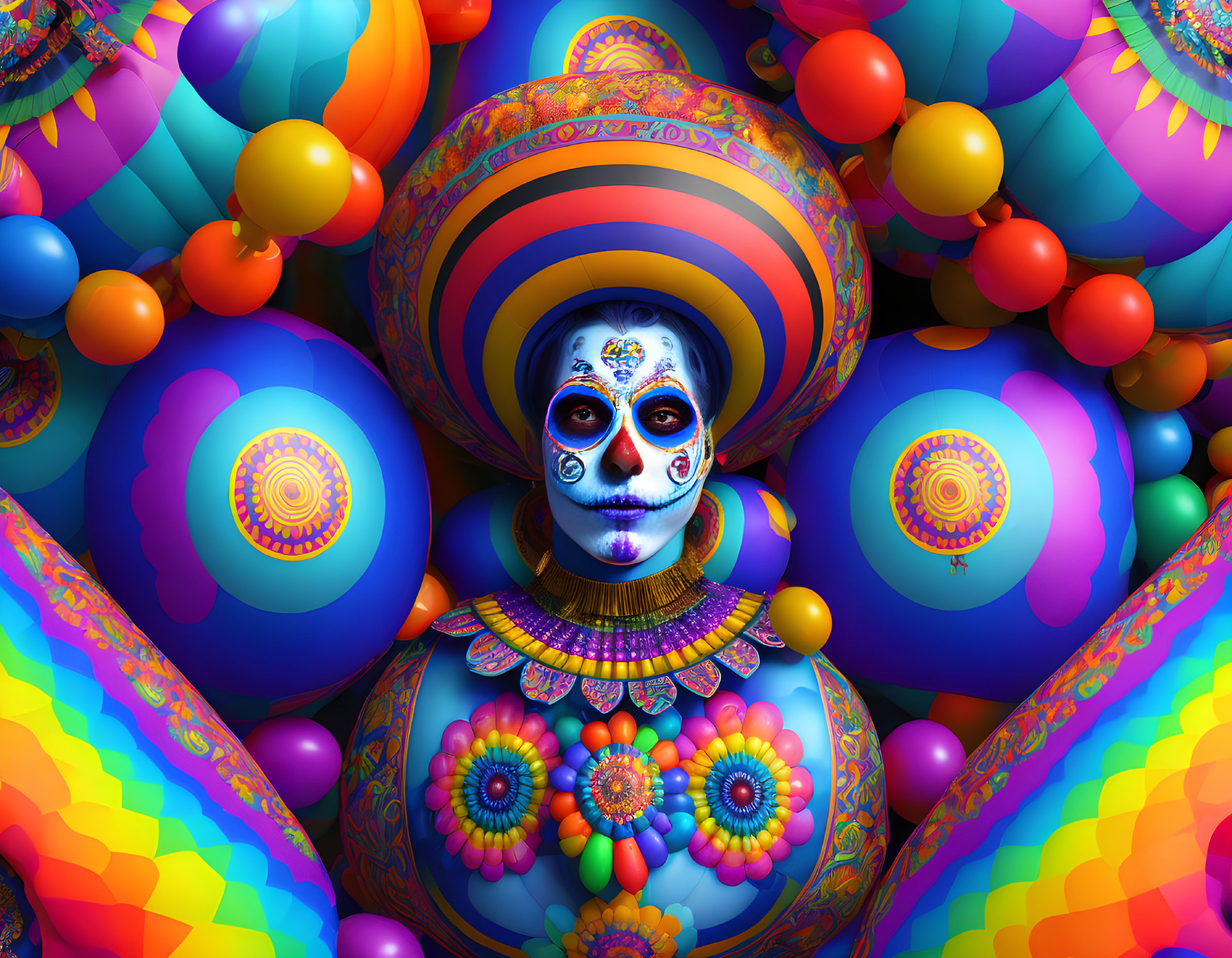 Colorful Digital Artwork: Skull-Faced Figure with Balloons