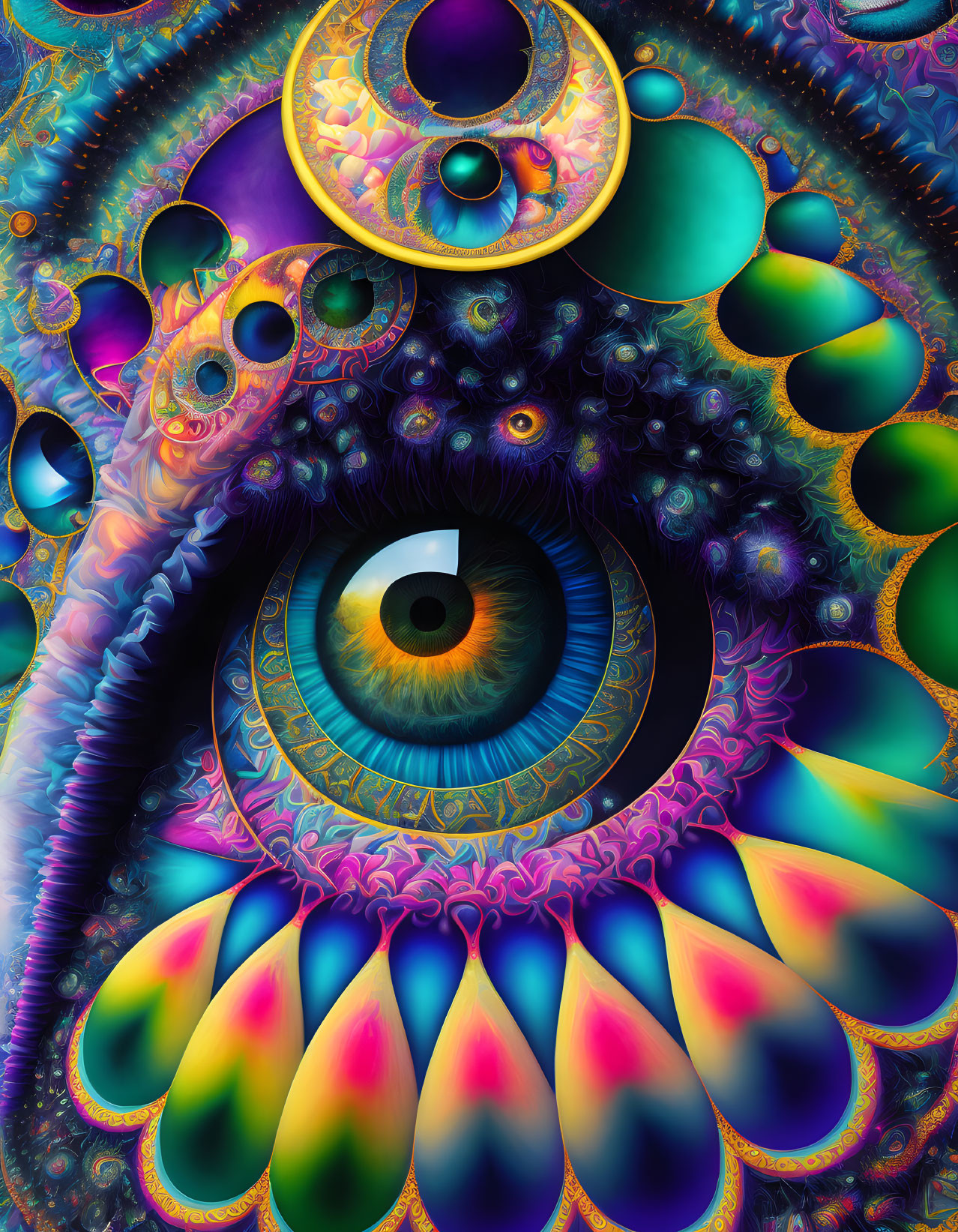 Colorful fractal eye surrounded by intricate patterns