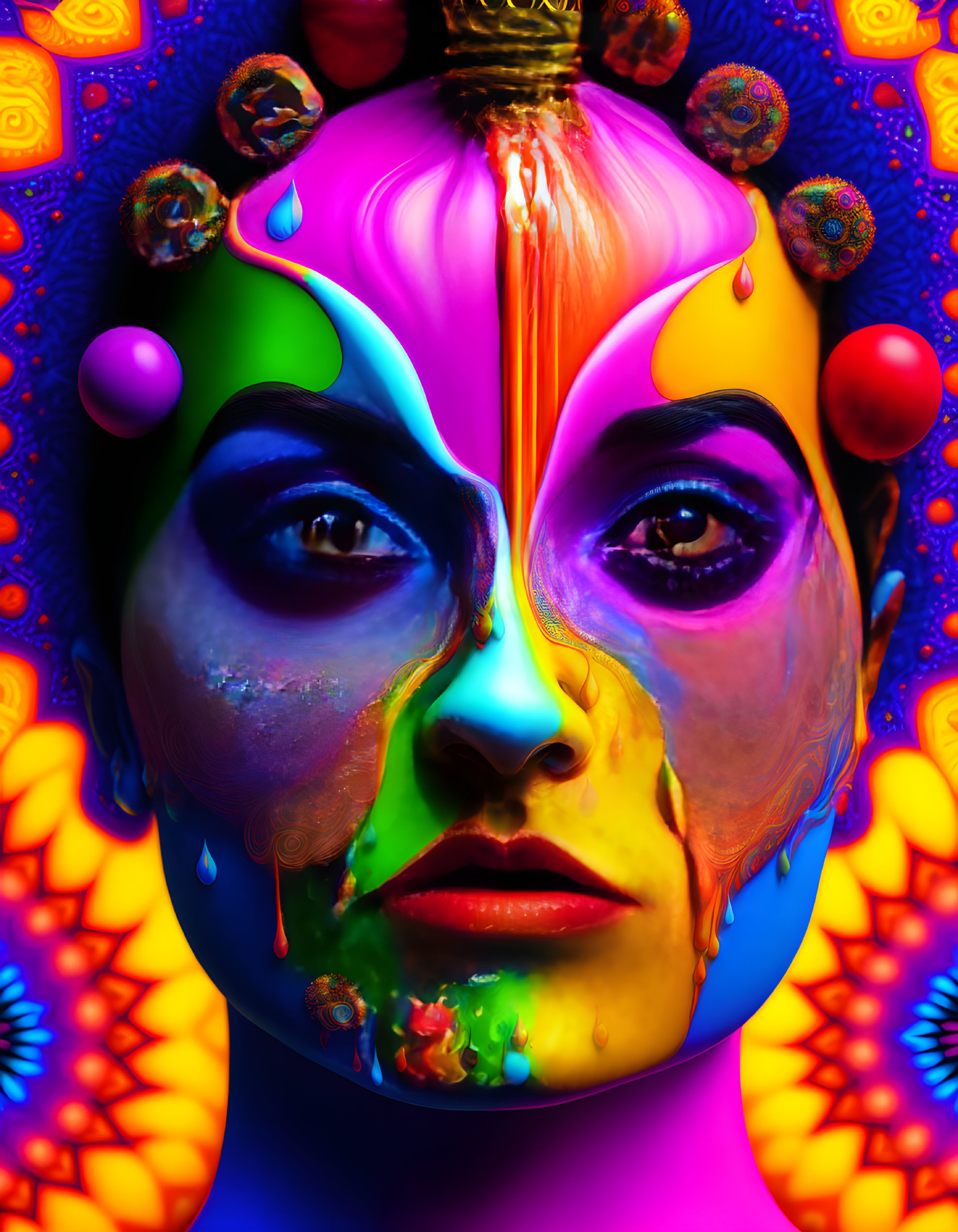 Colorful Female Face Portrait with Dripping Paint on Psychedelic Background