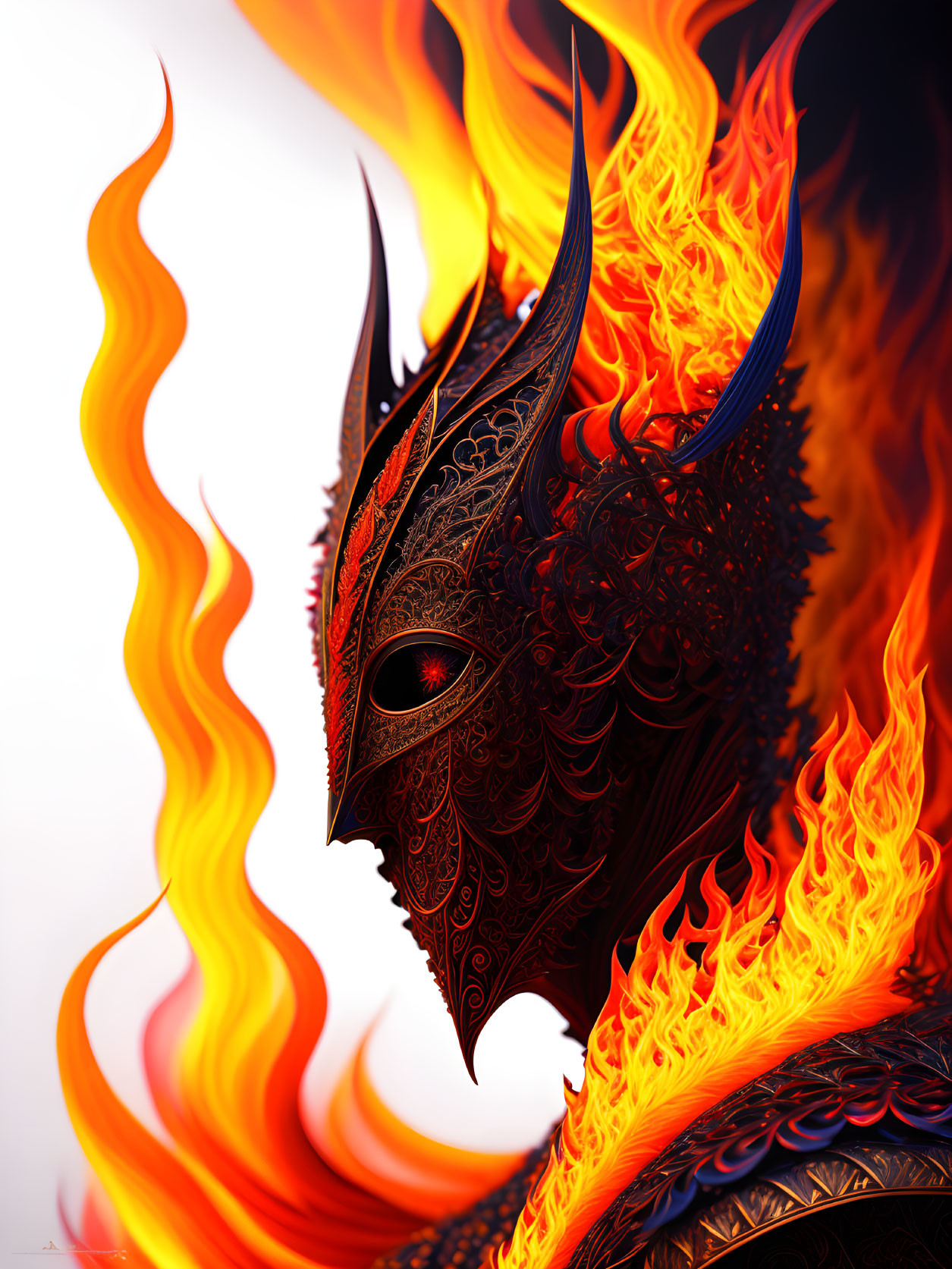 Detailed illustration of person in fiery demon mask engulfed in flames