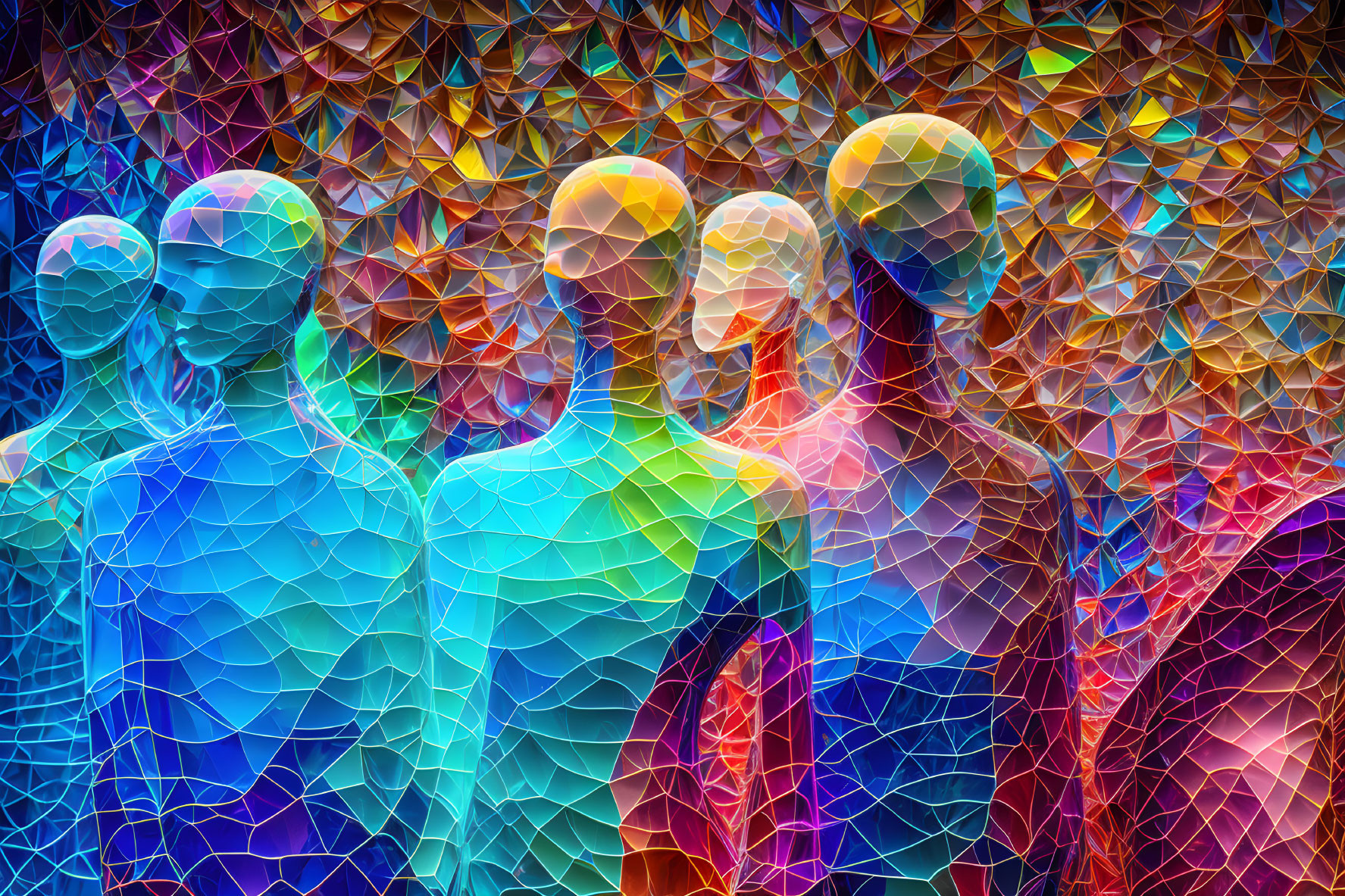 Vibrant digital artwork: Five translucent human figures in geometric shapes on fractal background