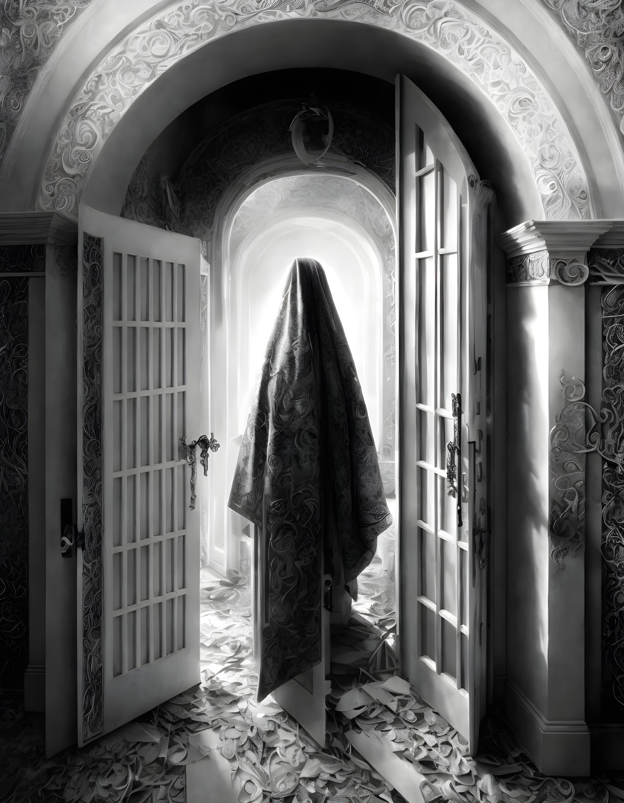 Mysterious Figure in Dark Cloak in Baroque Room with Light Streams