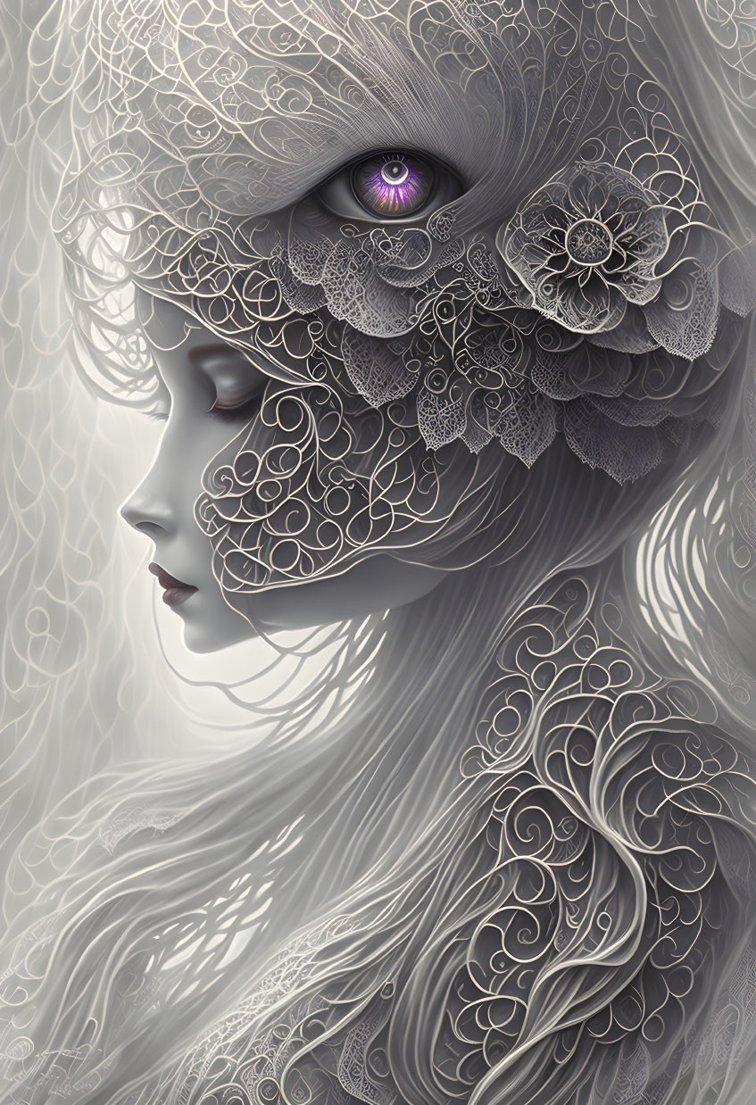 Detailed illustration of pale-skinned woman with floral and filigree patterns and captivating purple eye