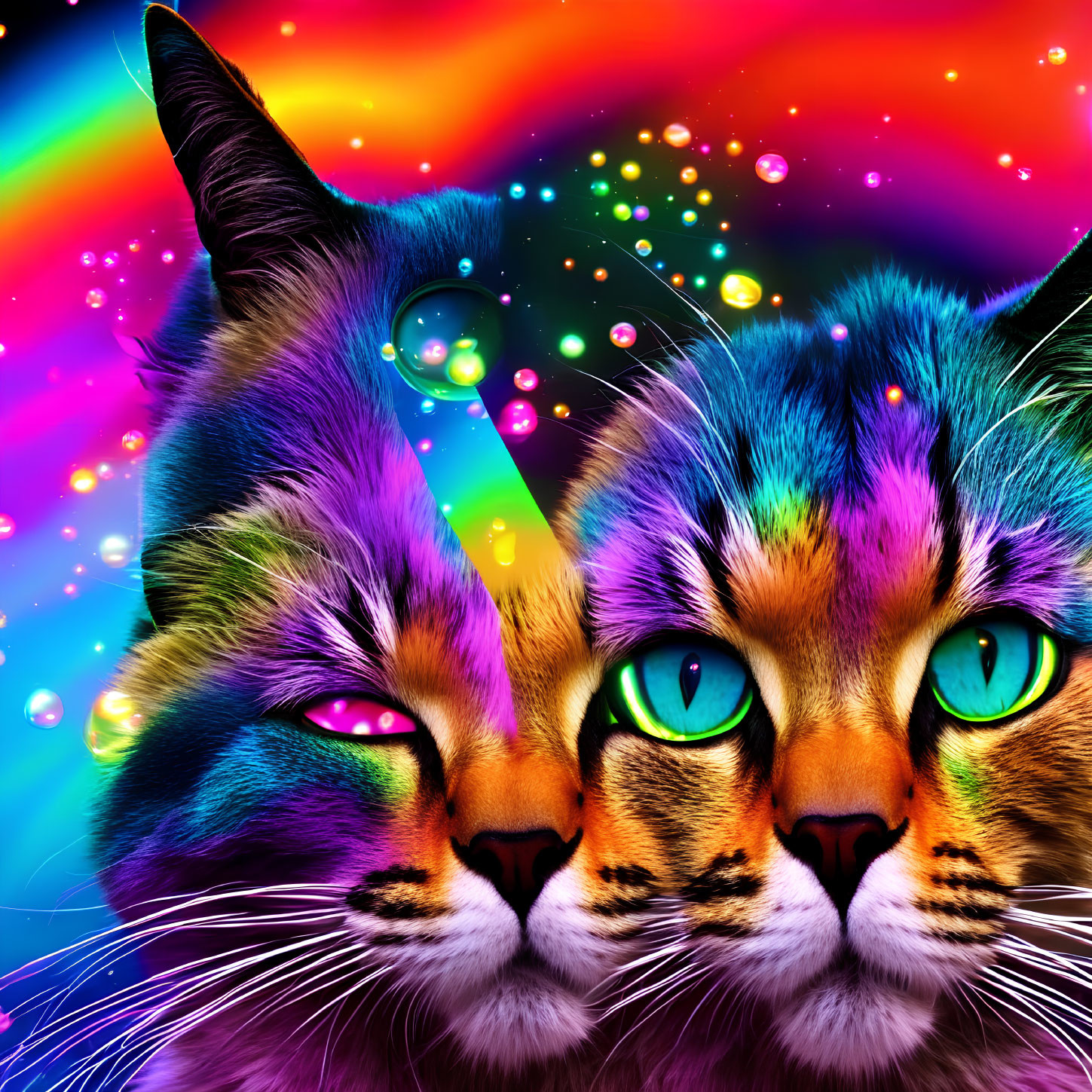 Colorful Digital Art: Two Cats with Rainbow Background and Floating Bubbles