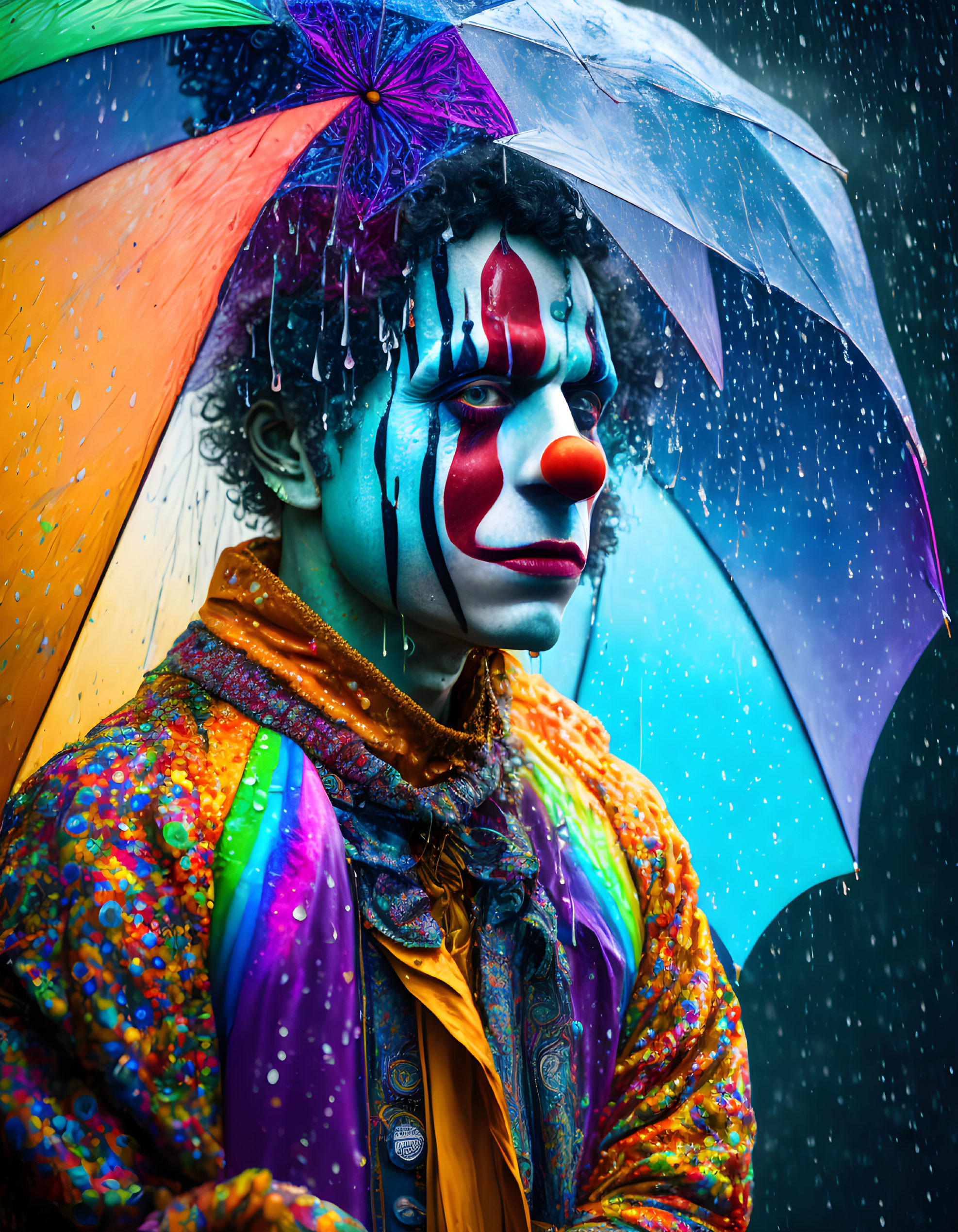 Colorful clown with umbrella in vibrant costume under rain