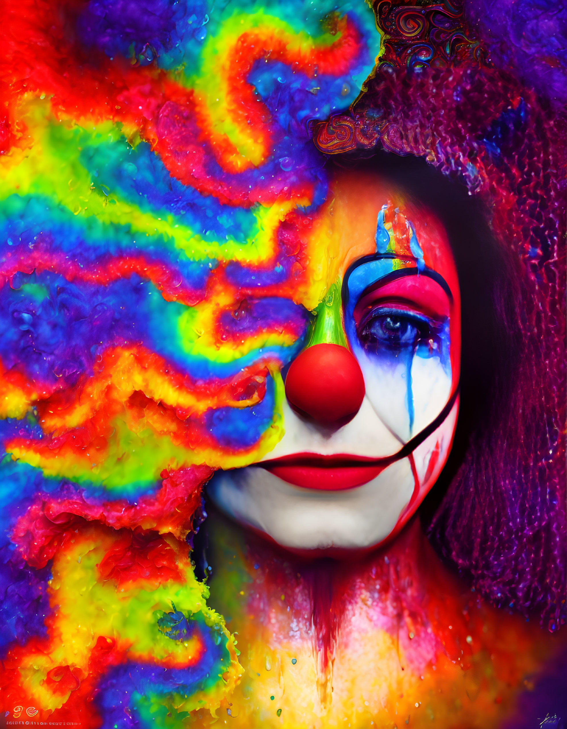 Colorful Clown Makeup with Tear and Sad Expression under Textured Hat