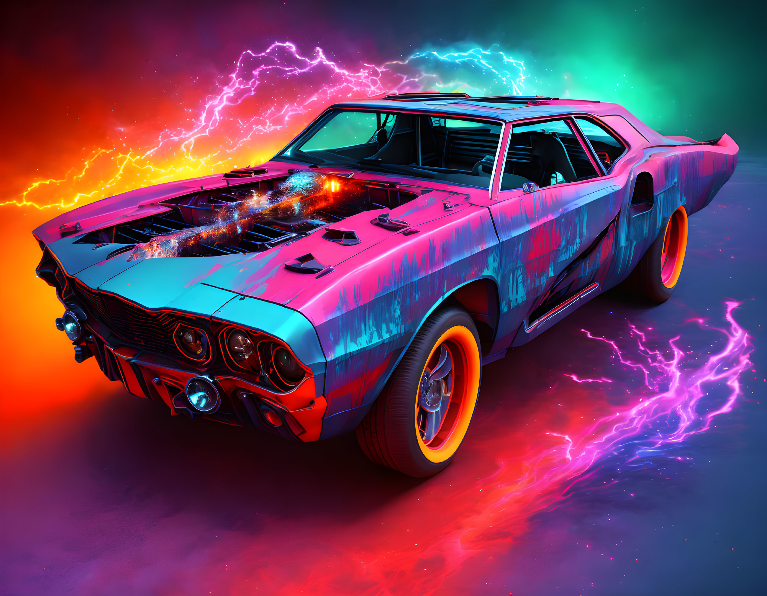 Colorful Neon-Lit Muscle Car Illustration on Electric Background