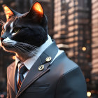 Feline with human body in suit against city skyline at dusk