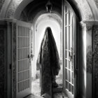 Mysterious Figure in Dark Cloak in Baroque Room with Light Streams