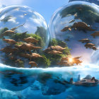 Prehistoric creatures in heart-shaped bubble underwater