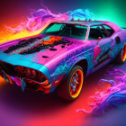 Colorful Neon-Lit Muscle Car Illustration on Electric Background