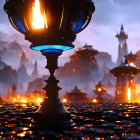 Fiery lantern close-up over fantasy cityscape at dusk