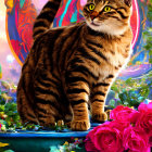 Tabby Cat Surrounded by Red Roses on Blue Surface