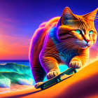 Colorful Cat Skateboarding by Sunset Sea