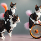 Three cartoon cats with butterfly wings in various poses against a grey background