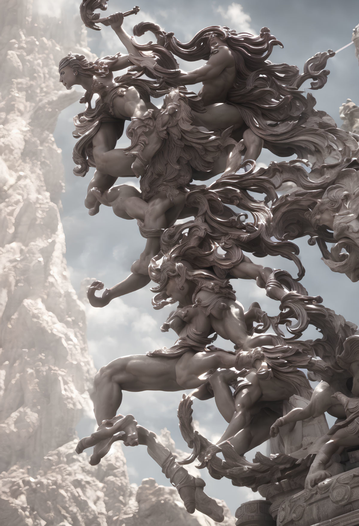 Dynamic human figures sculpture against cloud-like backdrop