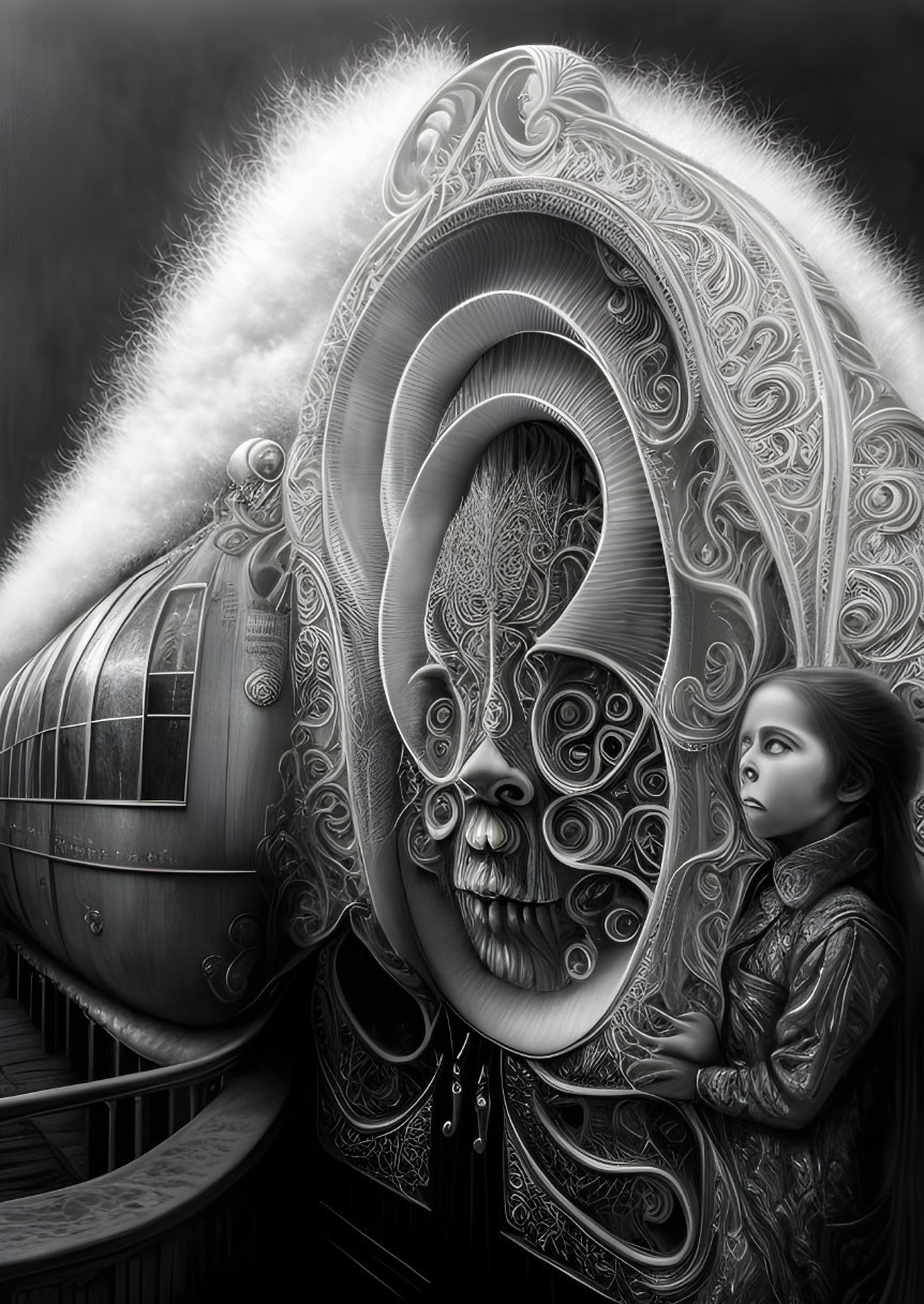 Monochrome fantasy art of girl with ornate mask, train carriage in background