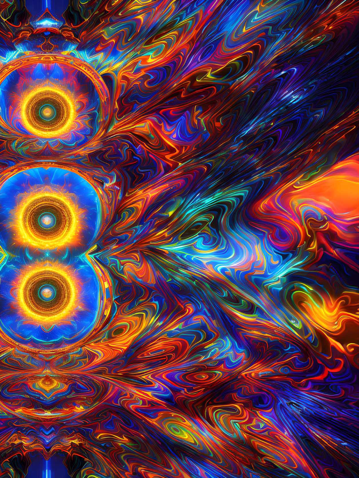 Colorful Abstract Psychedelic Pattern with Swirling Colors and Peacock Feather Eyes