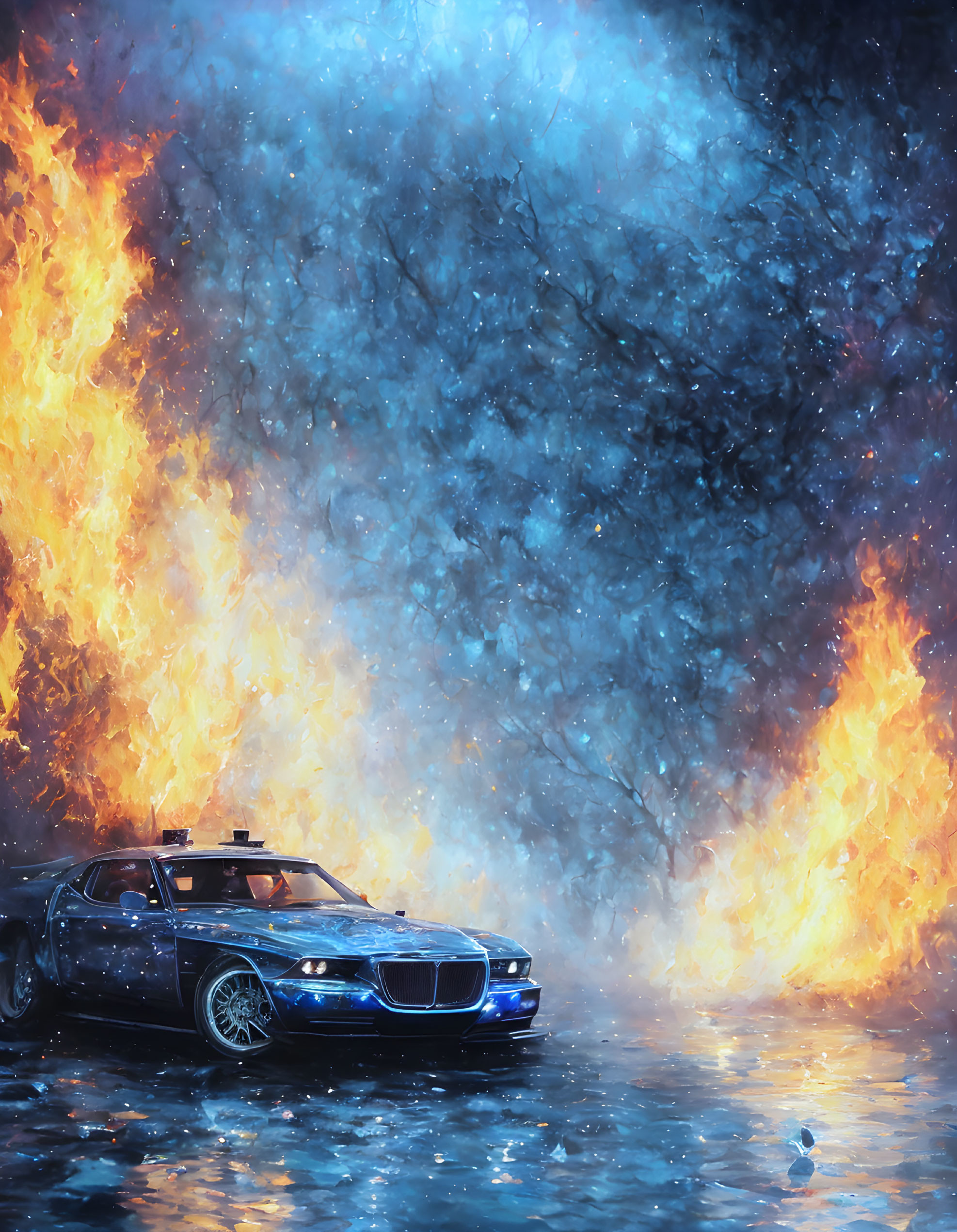 Classic Car Parked by Wall with Flames and Starry Night Sky