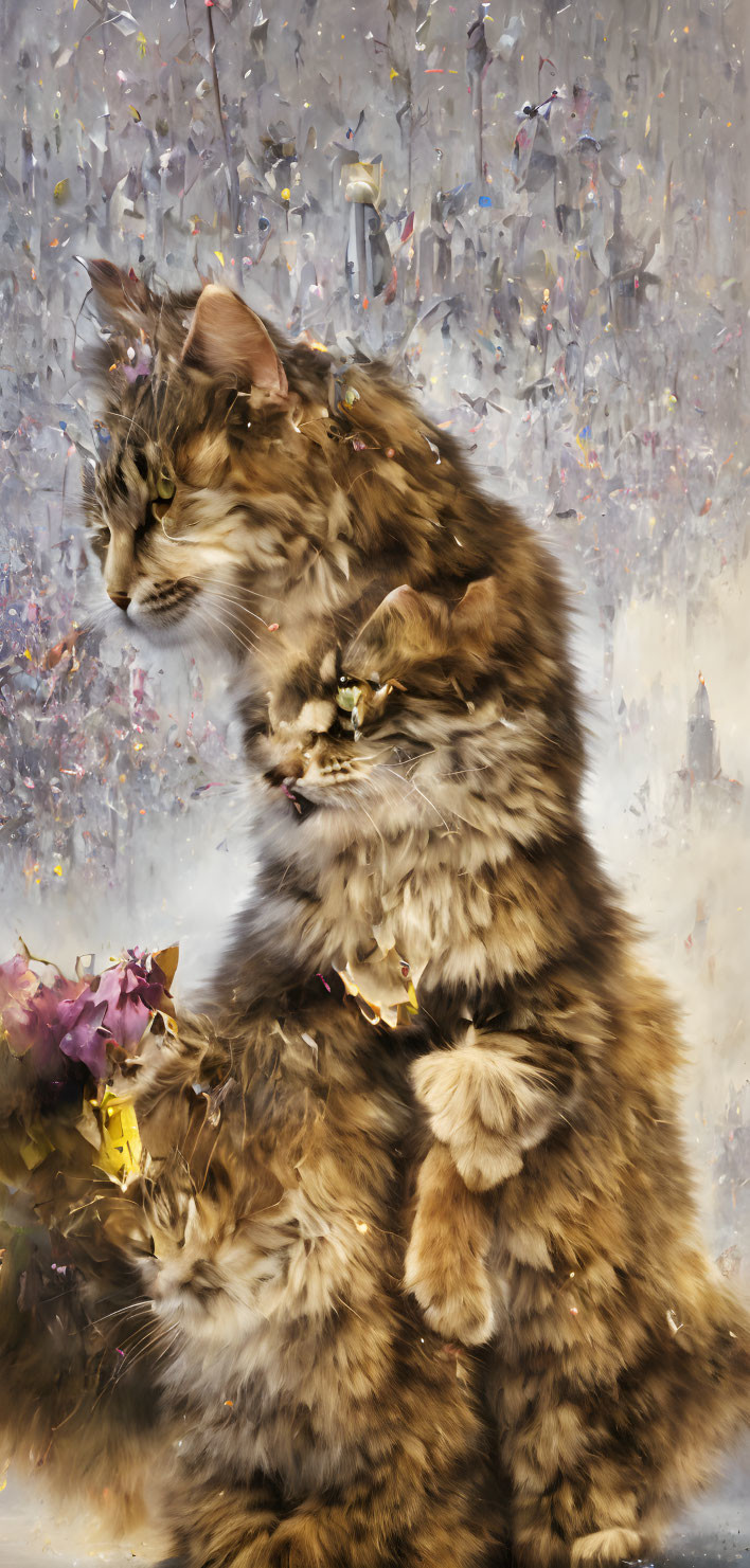 Whimsical cat made of smaller cats on confetti-filled background