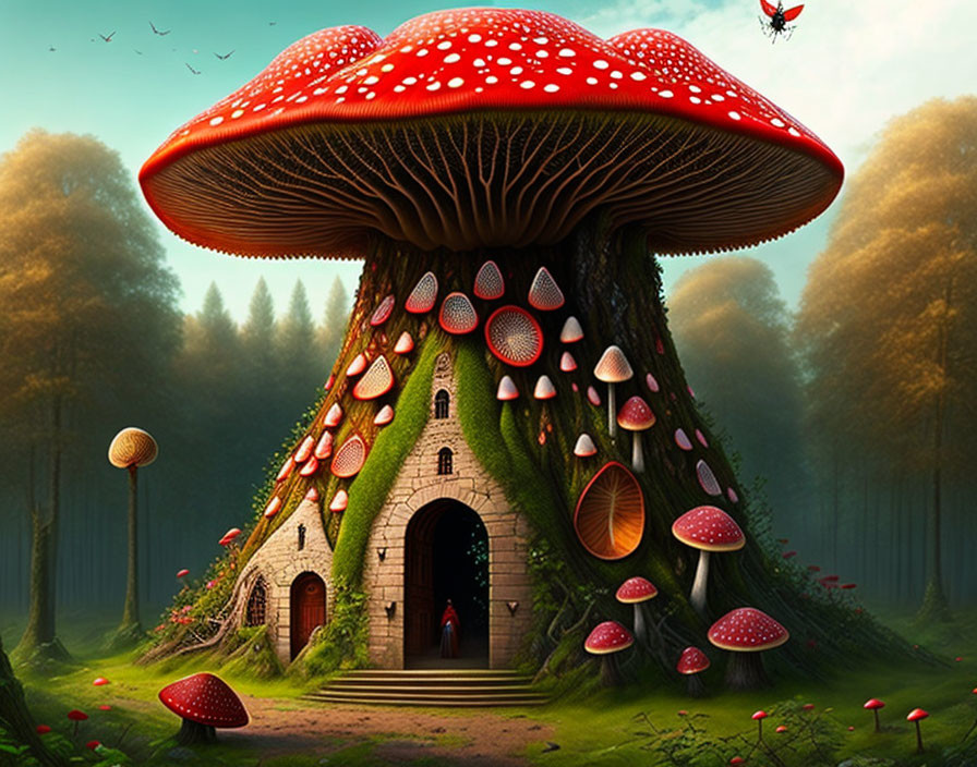 Illustration of giant mushroom house in enchanted forest