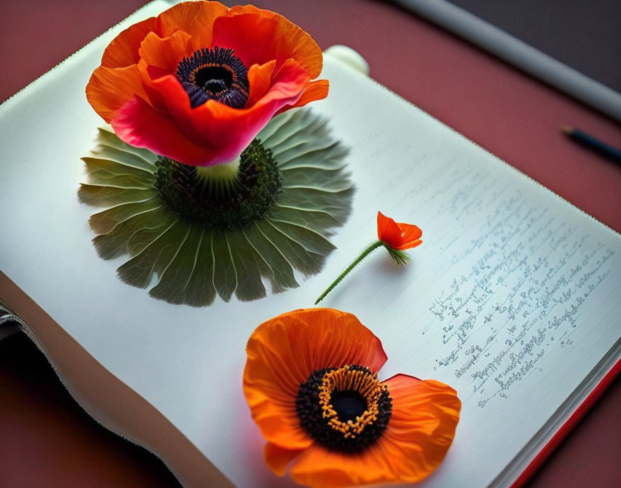 Orange Poppy Flower on Open Notebook with Handwritten Text and Bud on Red Surface