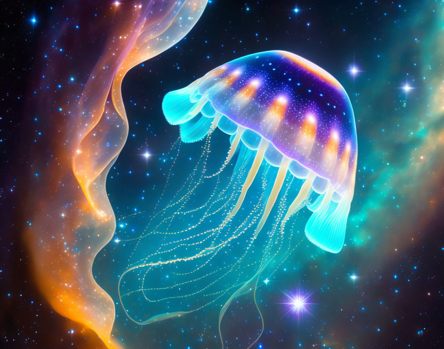 Vibrant glowing jellyfish in starry space setting