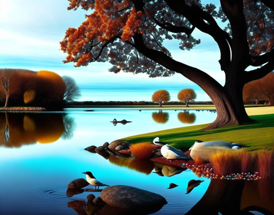 Tranquil autumn landscape with vibrant trees, calm lake, and resting ducks