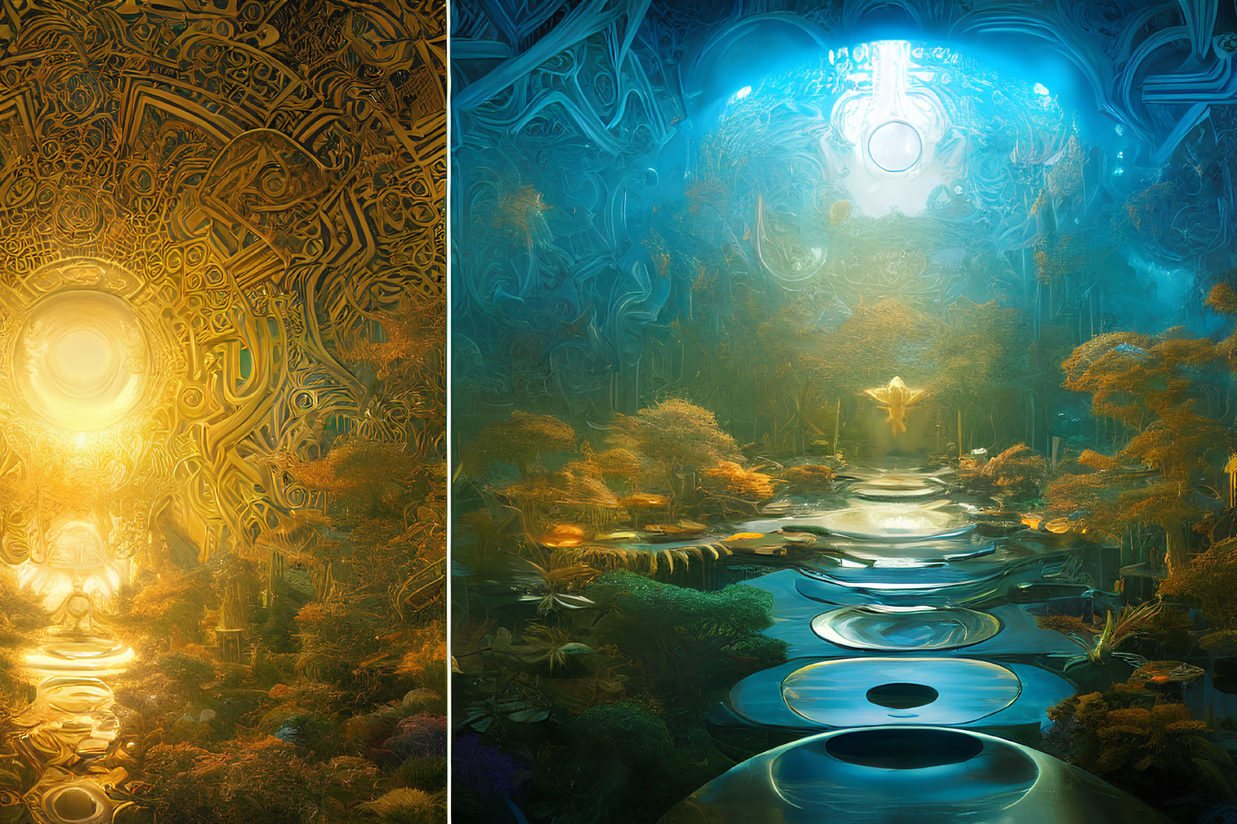 Divided vibrant scene: golden patterns on left, mystical blue forest with floating discs on right