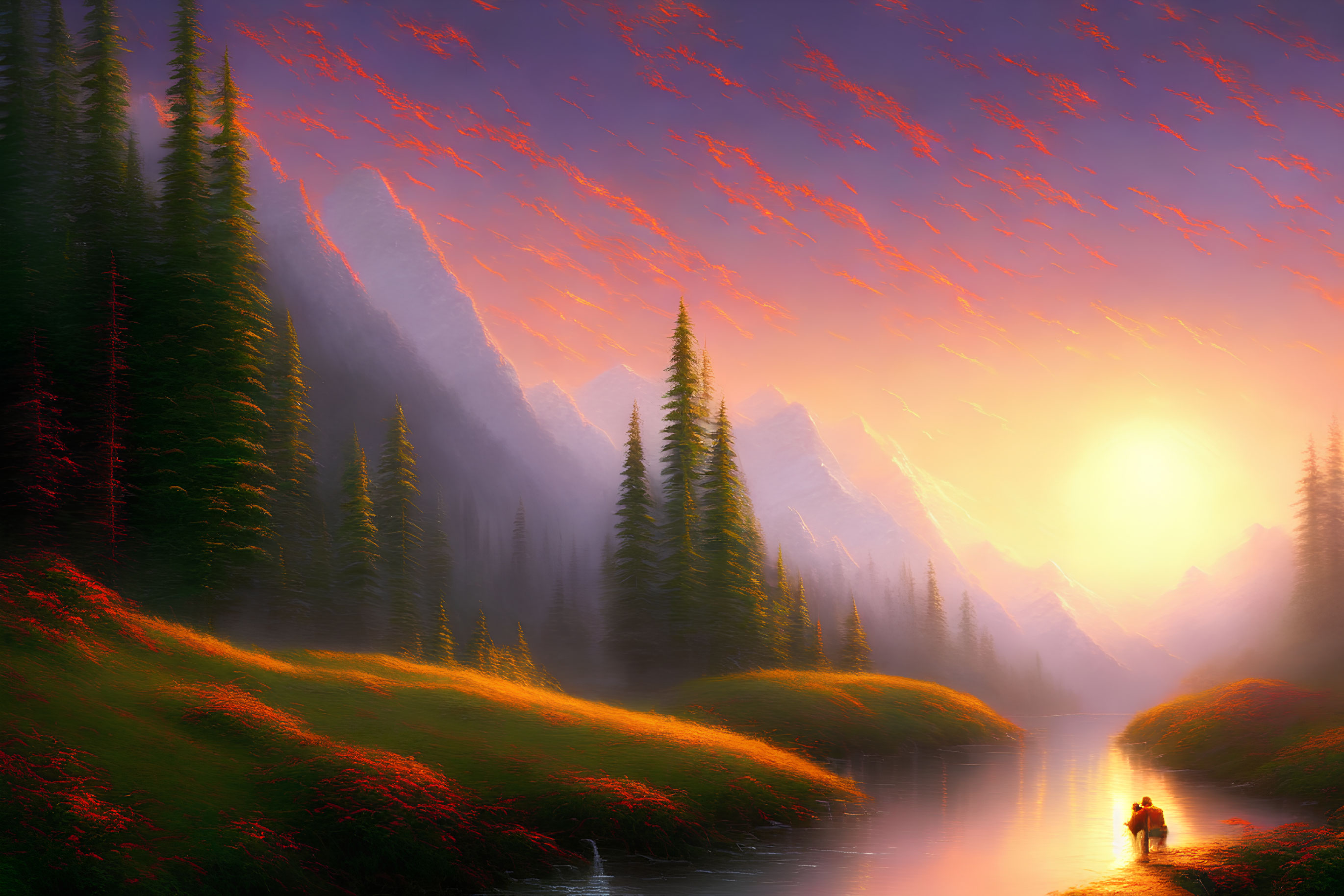 Tranquil sunset landscape with river, pine trees, and canoe person