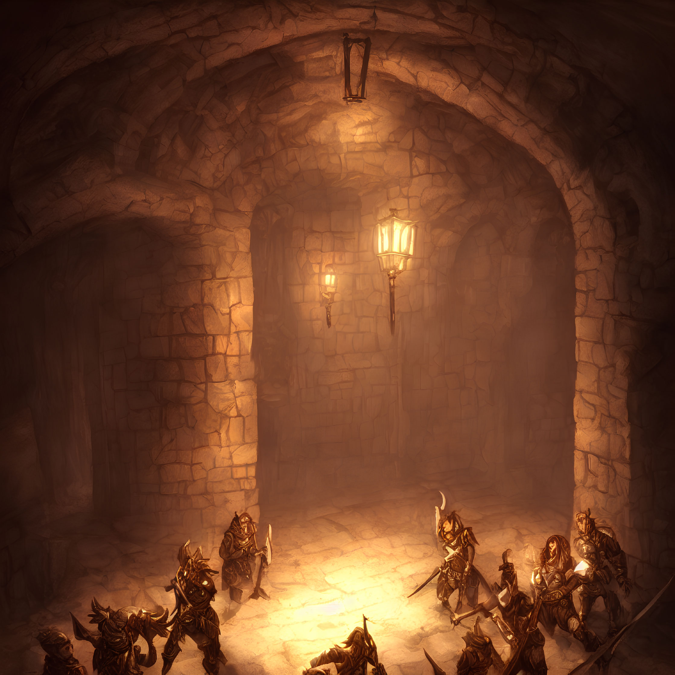 Armored fantasy characters in dimly lit stone dungeon with torches