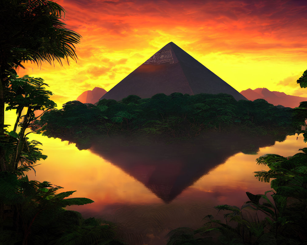 Majestic pyramid in dense jungle at sunset reflection