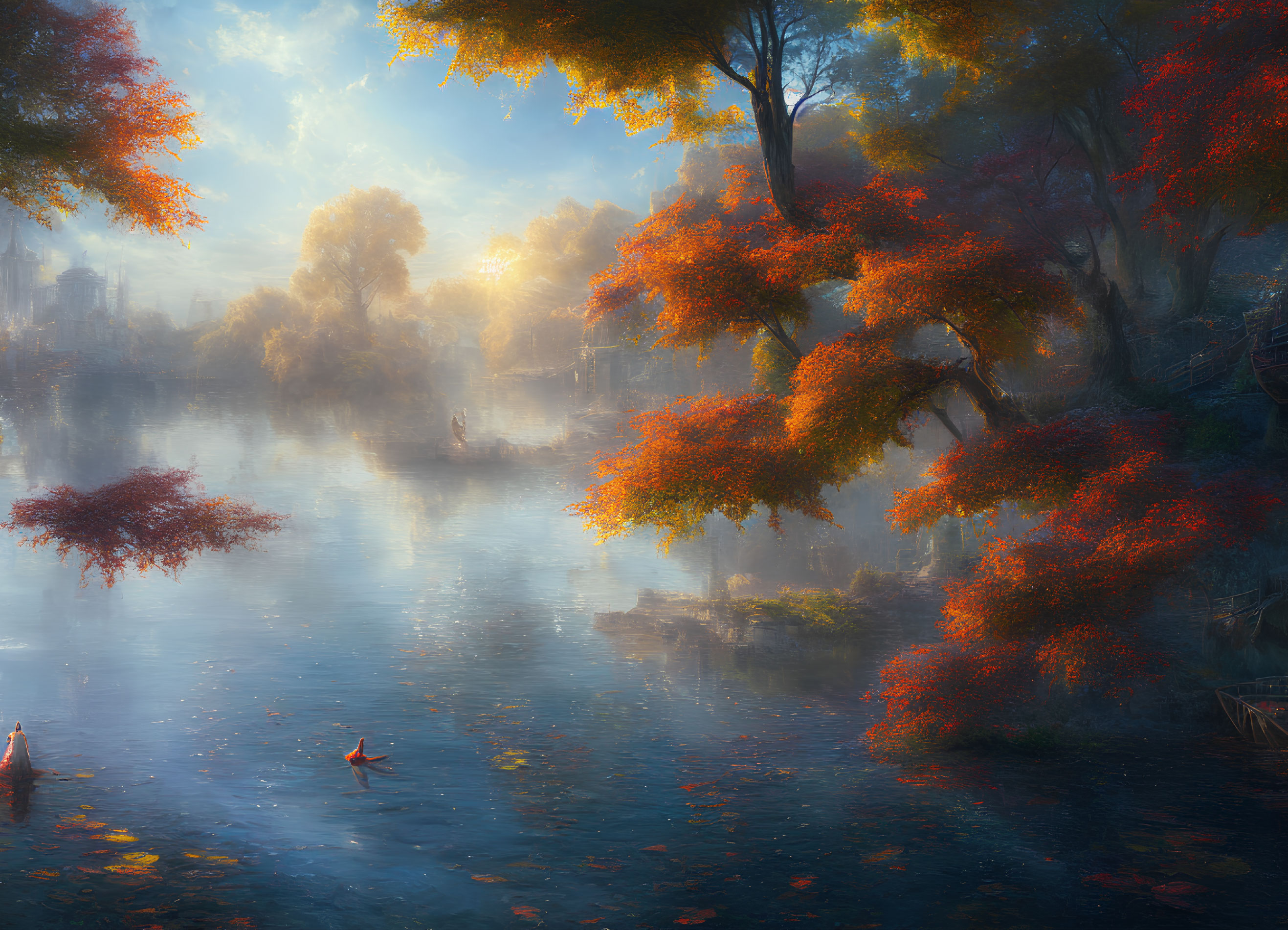 Tranquil autumn landscape with vibrant orange trees and tranquil lake