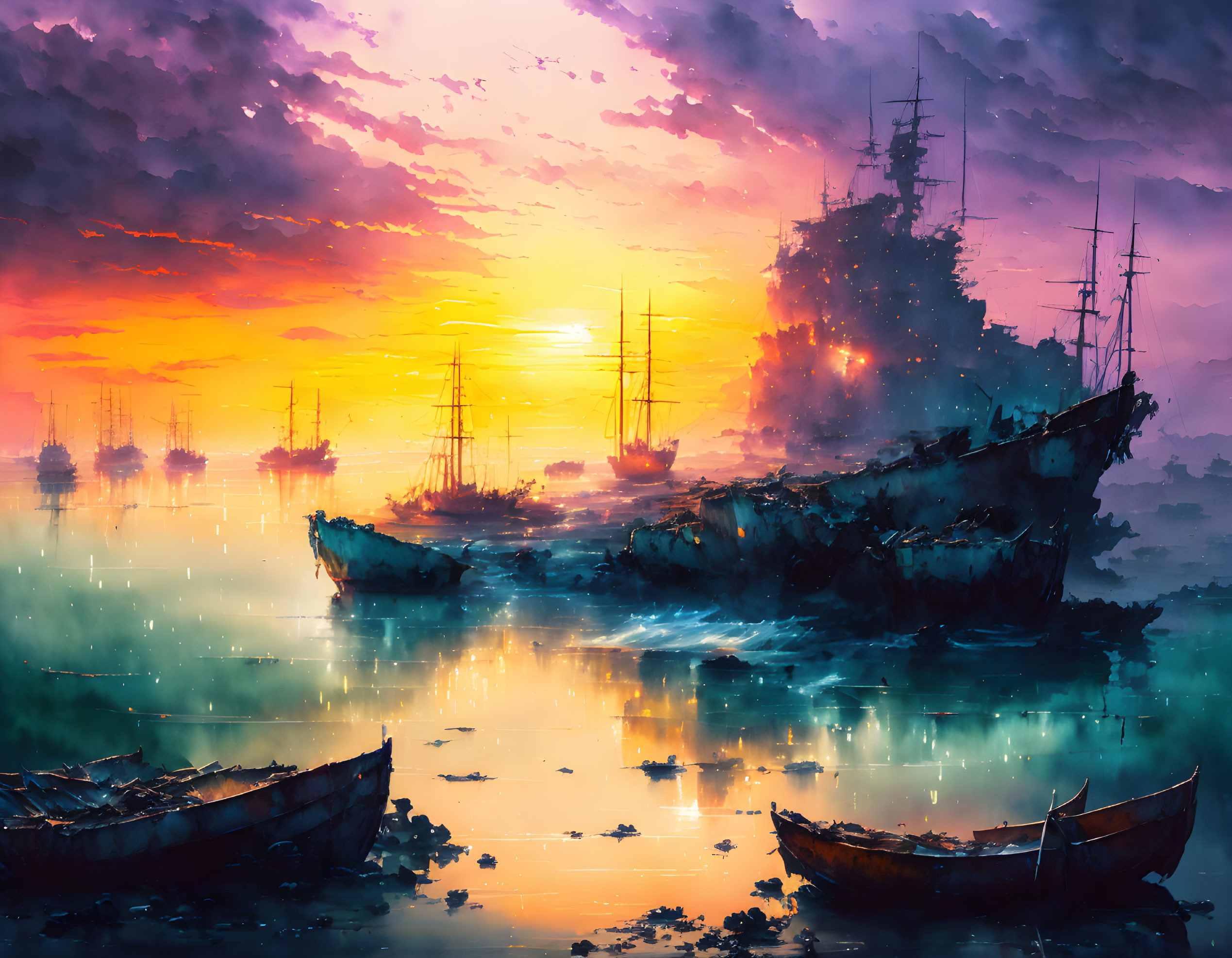 Colorful digital artwork of shipwrecks and boats in misty waters at sunset