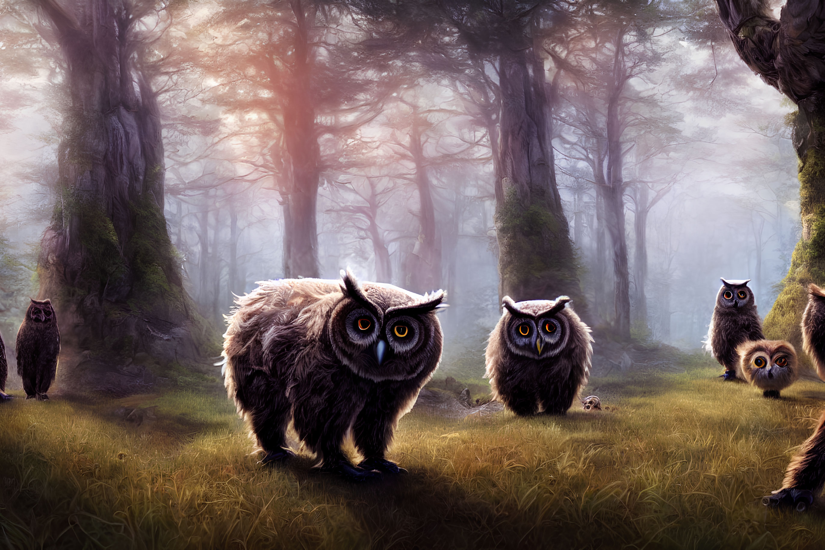 Mystical forest scene with owls and human-like eyes in misty trees