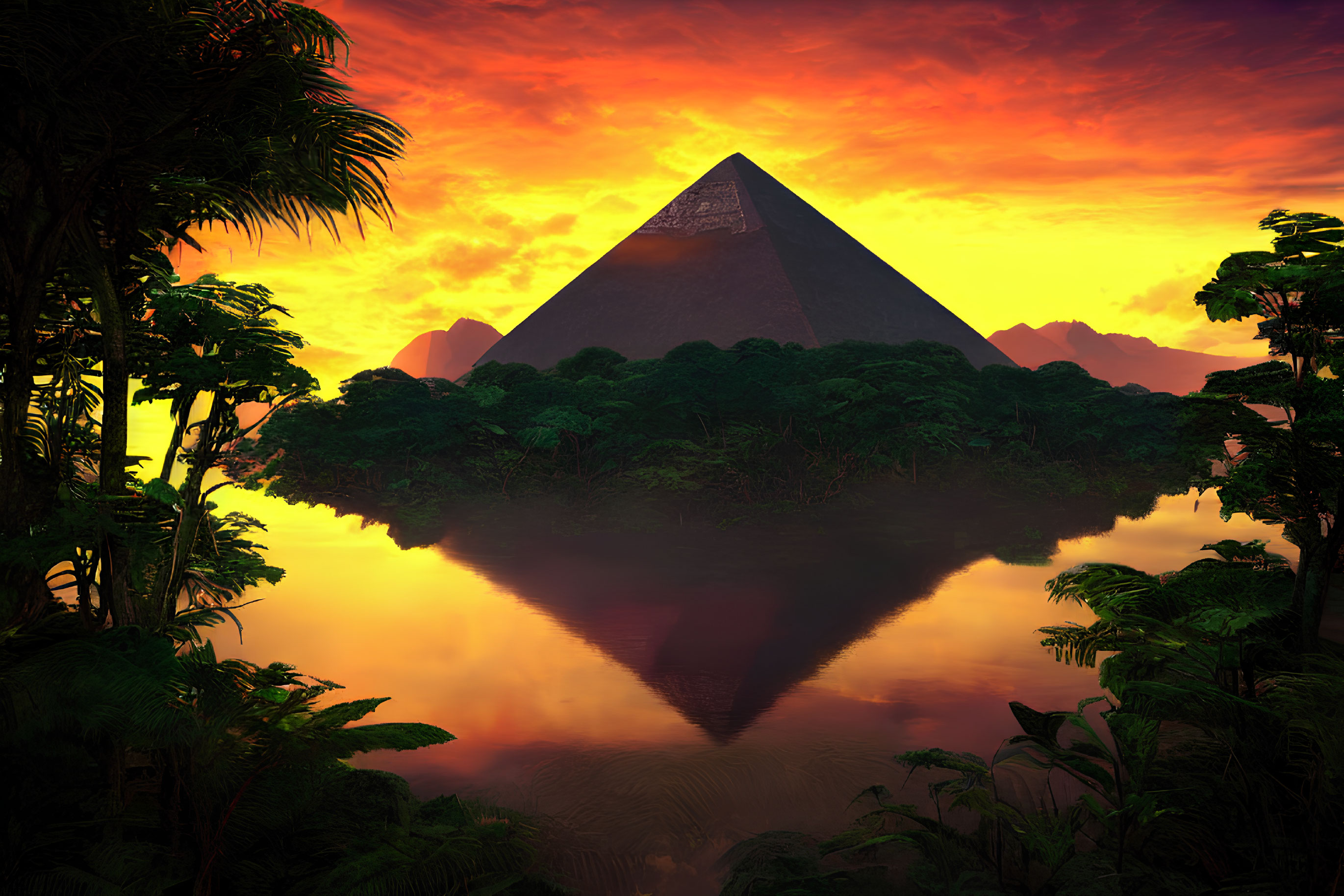 Majestic pyramid in dense jungle at sunset reflection