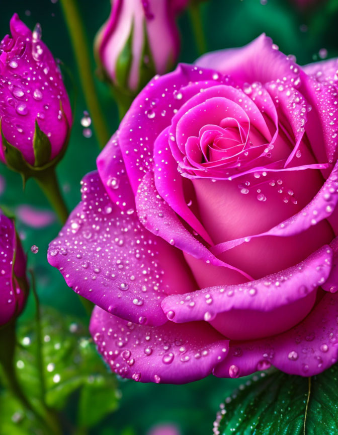 Vivid Pink Rose with Water Droplets on Petals and Greenery Background