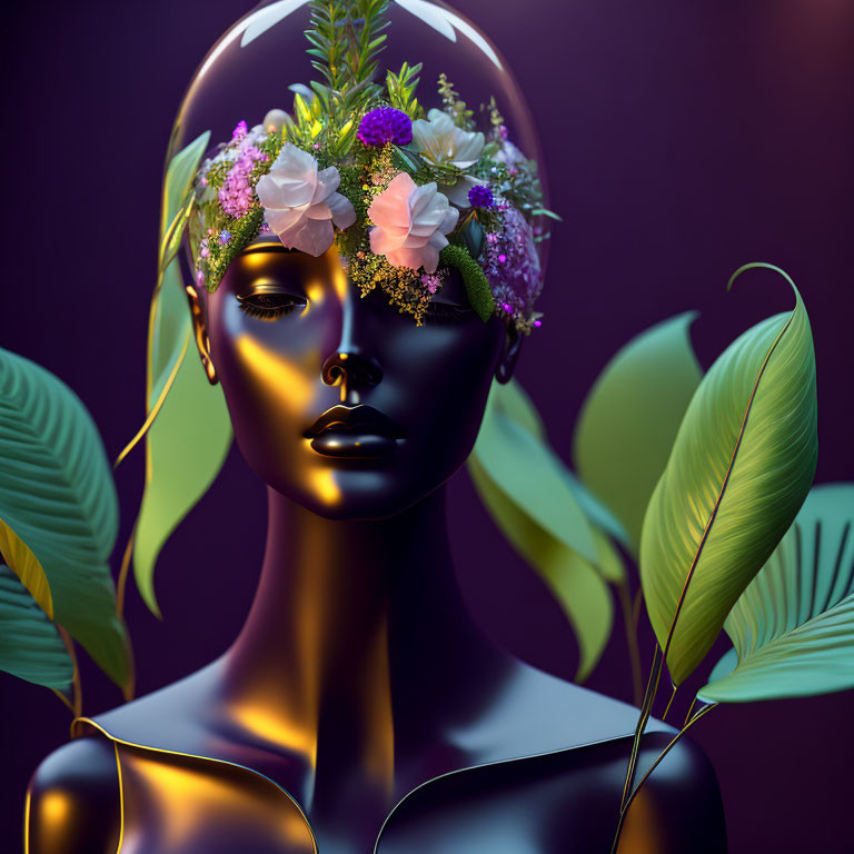 Glossy humanoid figure with floral crown in 3D illustration