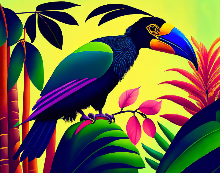 Colorful Toucan Illustration on Branch with Tropical Foliage