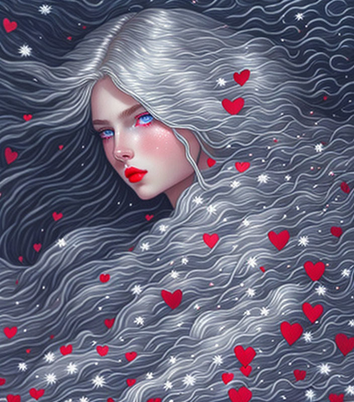 Illustrated character with silver hair, blue eyes, red hearts, starry background