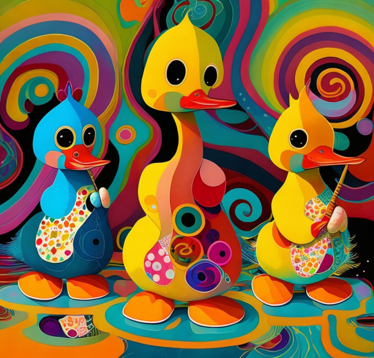 Colorful Cartoon Ducks with Musical Instruments on Psychedelic Background