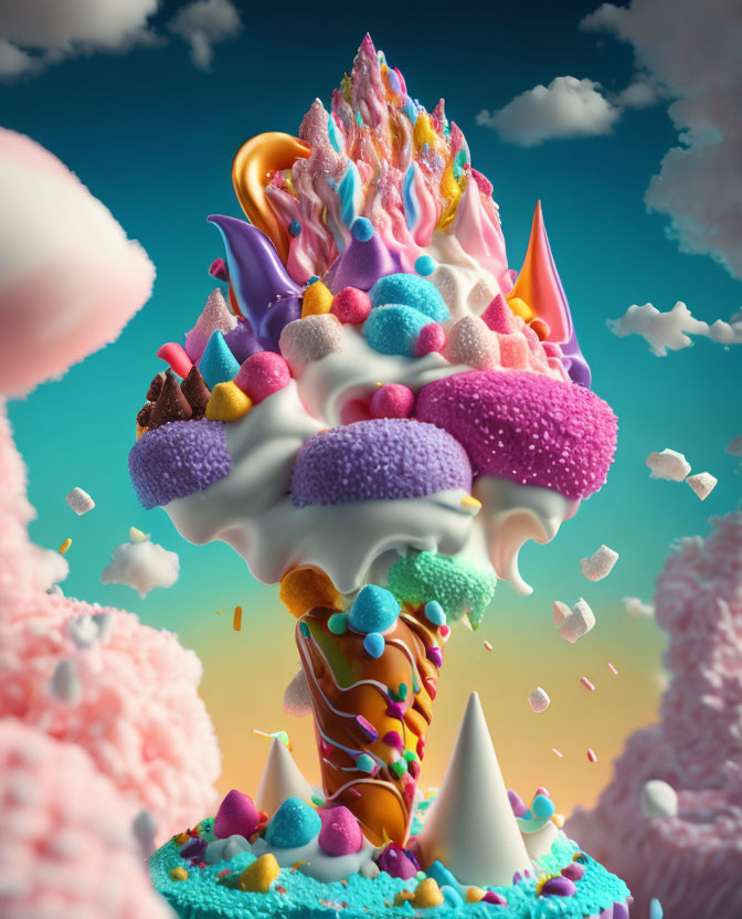 Colorful Whimsical Ice Cream Cone Artwork with Candy Pieces