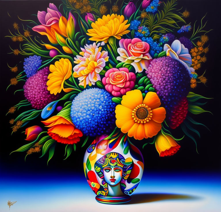 Colorful bouquet of flowers in ornate vase on dark background