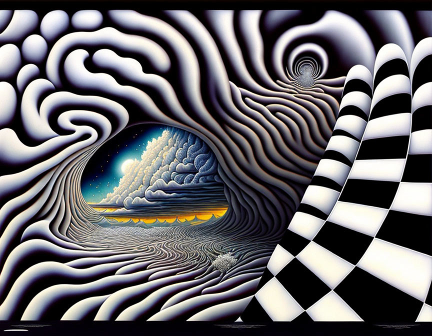 Surrealistic landscape with wavy patterns and checkerboard foreground