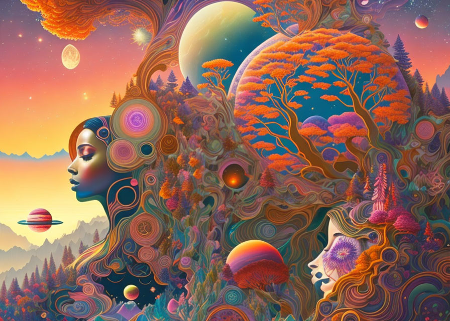 Colorful Psychedelic Woman Profile with Surreal Landscape