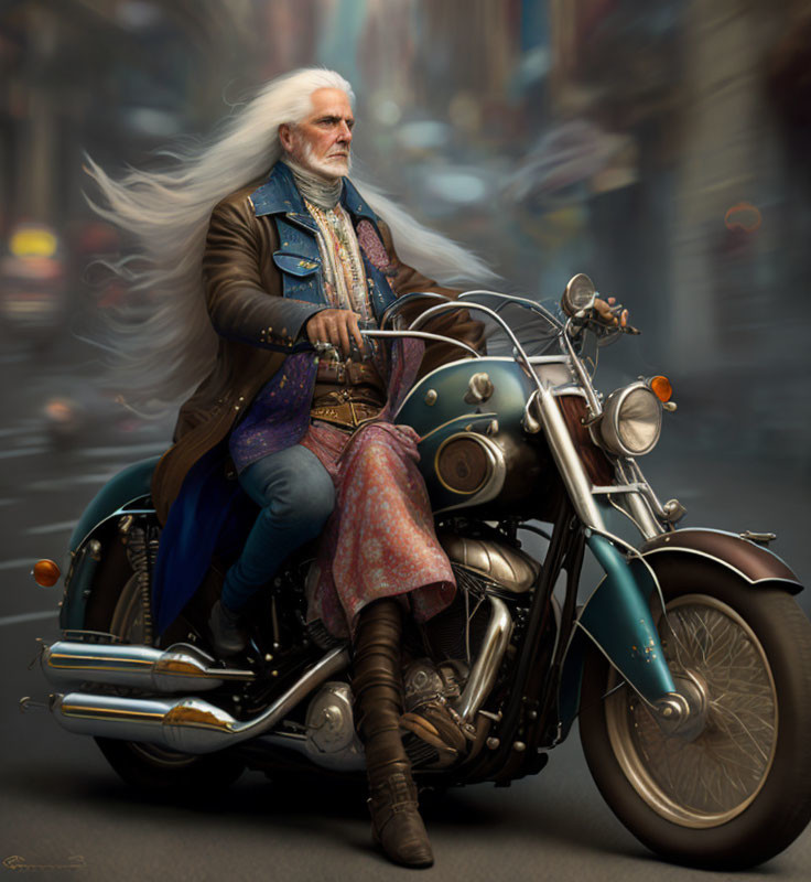 Elderly man with long white hair rides classic motorcycle in city scene