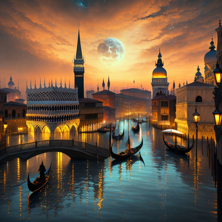 Twilight scene in Venice with gondolas, ornate buildings, and large moon